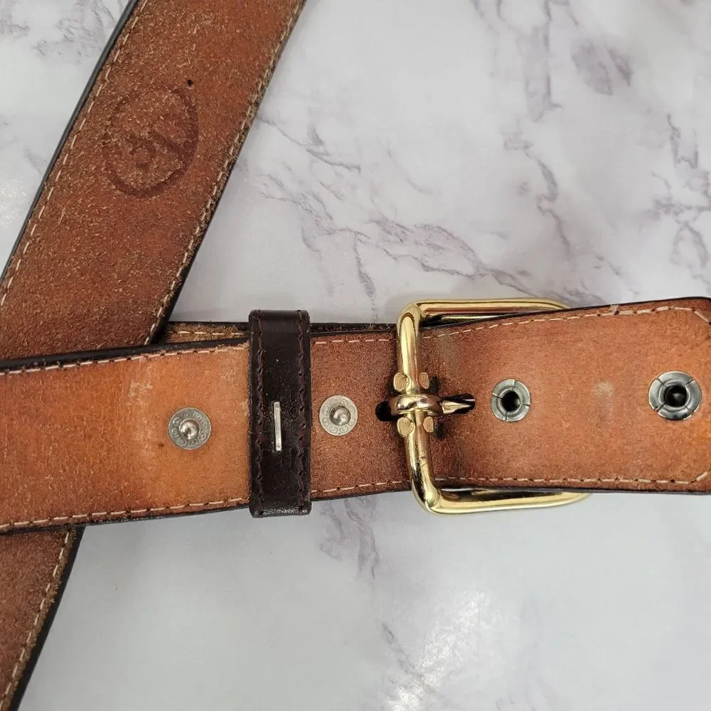 Men's Brown Woven Basket Weave Pattern Leather Belt Size 48 Gold Toned Buckle